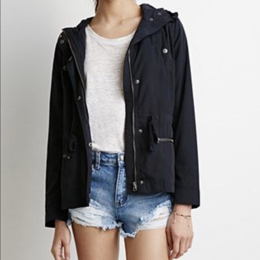 F21 Dark Navy Blue Hooded Utility Jacket Sz S